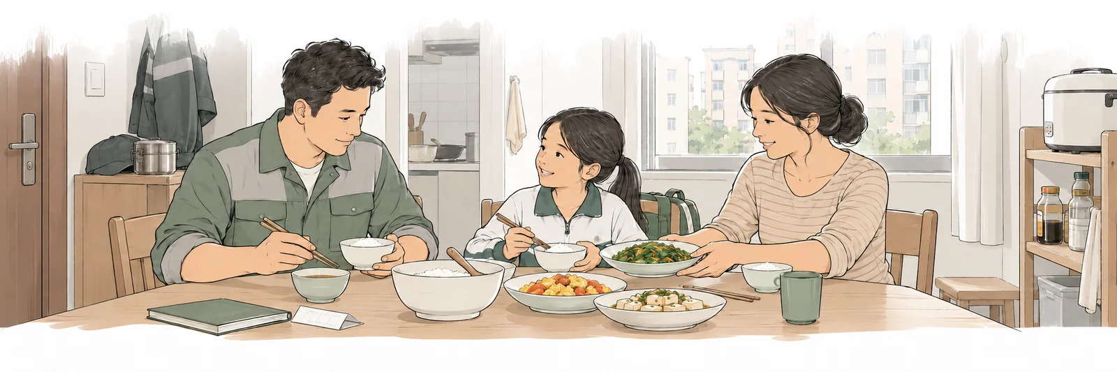 A production worker shares a meal with family in their home.
