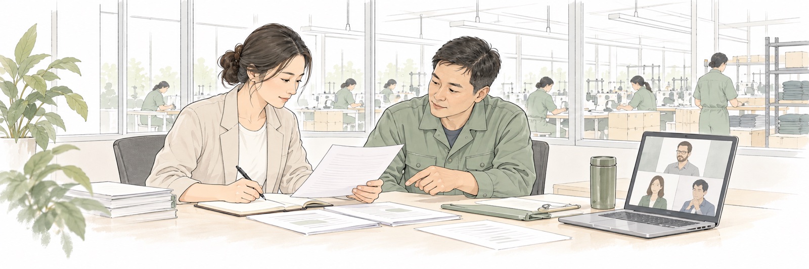 A China-based field specialist reviews supplier records with a local liaison while a remote project team joins by video.